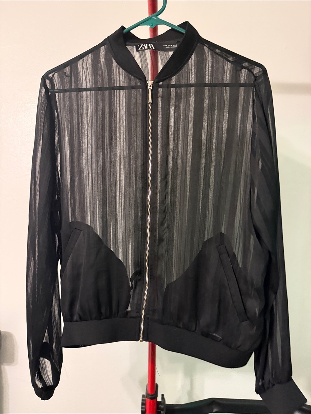 Zara Black Sheer Striped Bomber Jacket